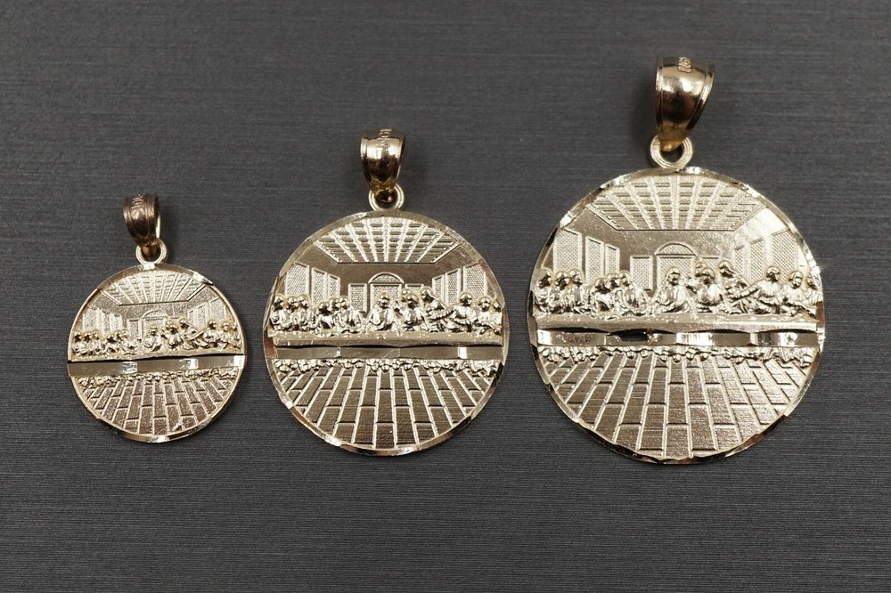 10K Solid Yellow Gold Diamond Cut Round Last Supper Charm Pendant. 4 Sizes