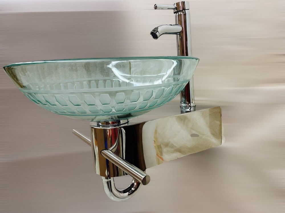 Wall mount Bathrom vanity set clear glass vessel sink with unique pattern shelf