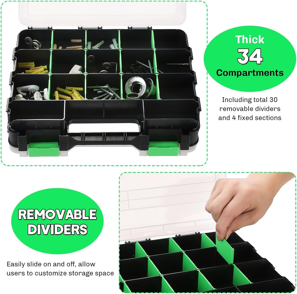 Small Parts Organizer | Storage Case Tools Box 34-Compartments Double Side Orga