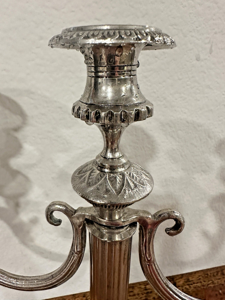Empire Style Silver Plate 3-Light Candelabra Fluted Column, Square Base 11" tall