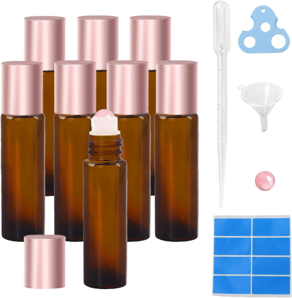 8 Pack Rose Quartz Roller Bottles for Essential Oils, 10Ml Refillable Amber Glas