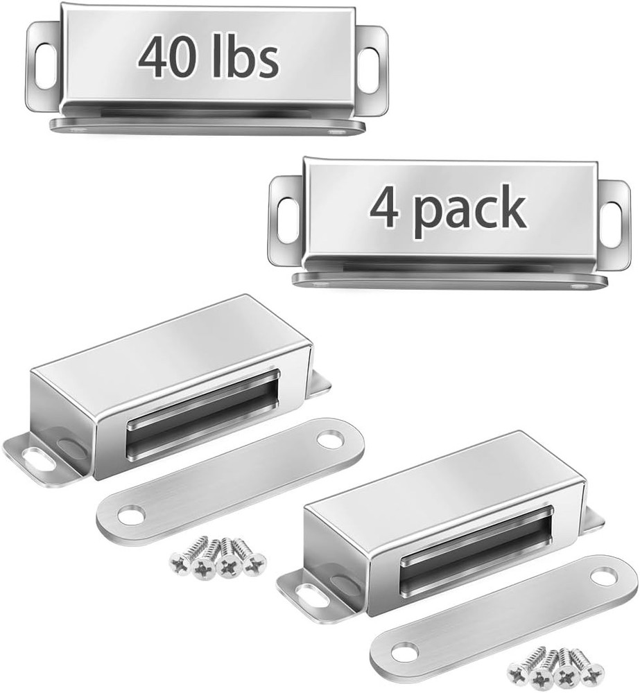 Secure Stainless Steel Magnetic Door Closers - 40 lbs Pull Strength, 4 Pack