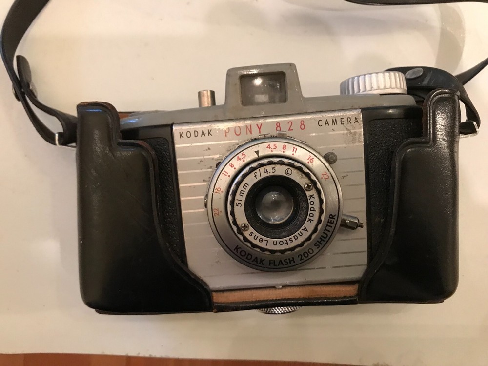 Vintage Kodak PONY 828 Camera with strap & Leather 1/2 case Untested