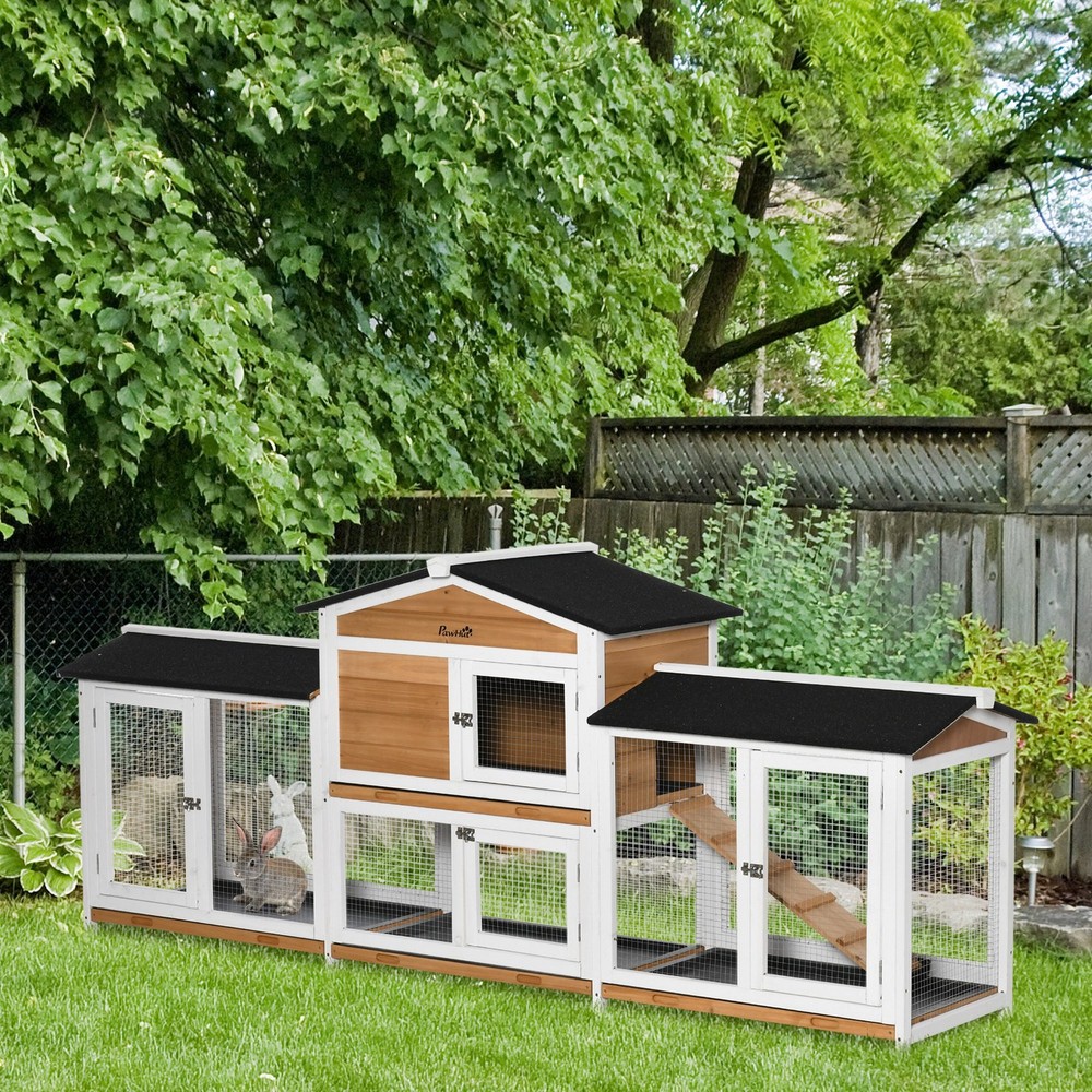 90.5" Wooden Rabbit Hutch w/ Double Side Run Boxes Pull-out Tray Ramp