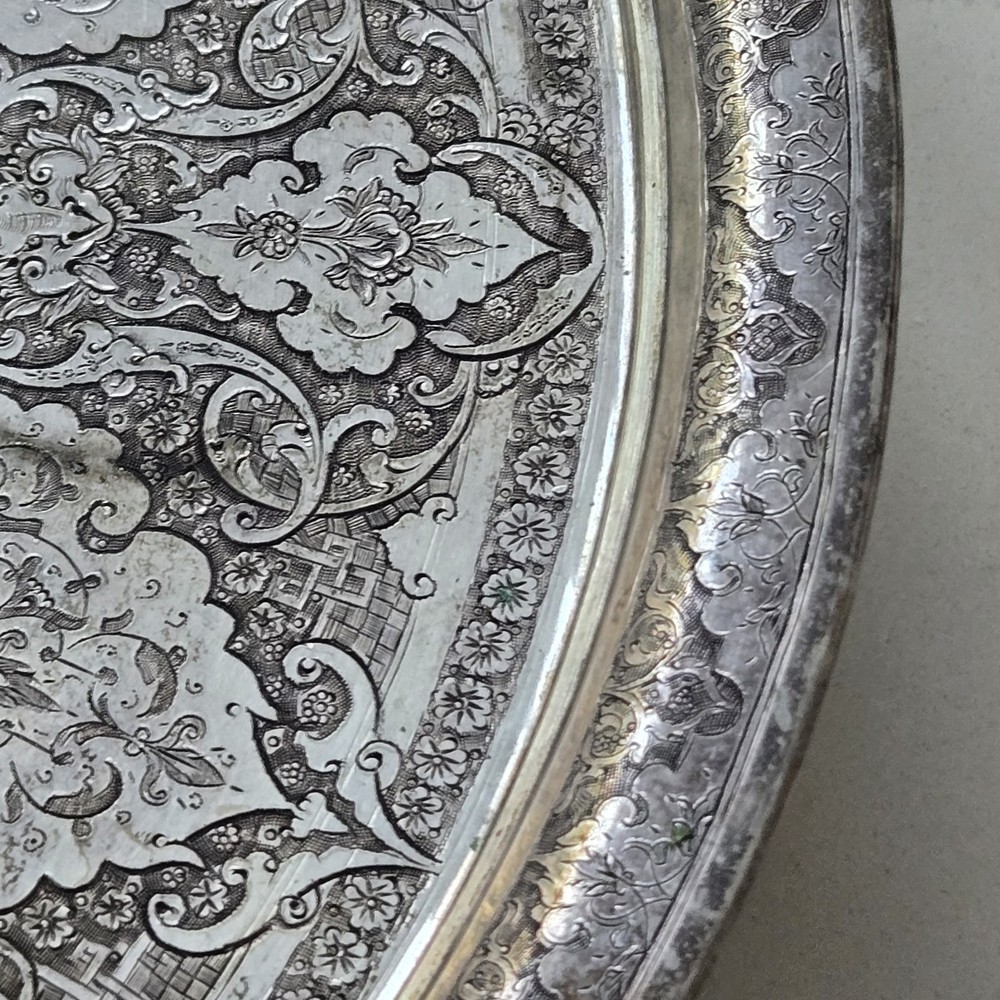EXCEPTIONAL GENUINE ANTIQUE MIDDLE EASTERN SILVER ROUND TRAY