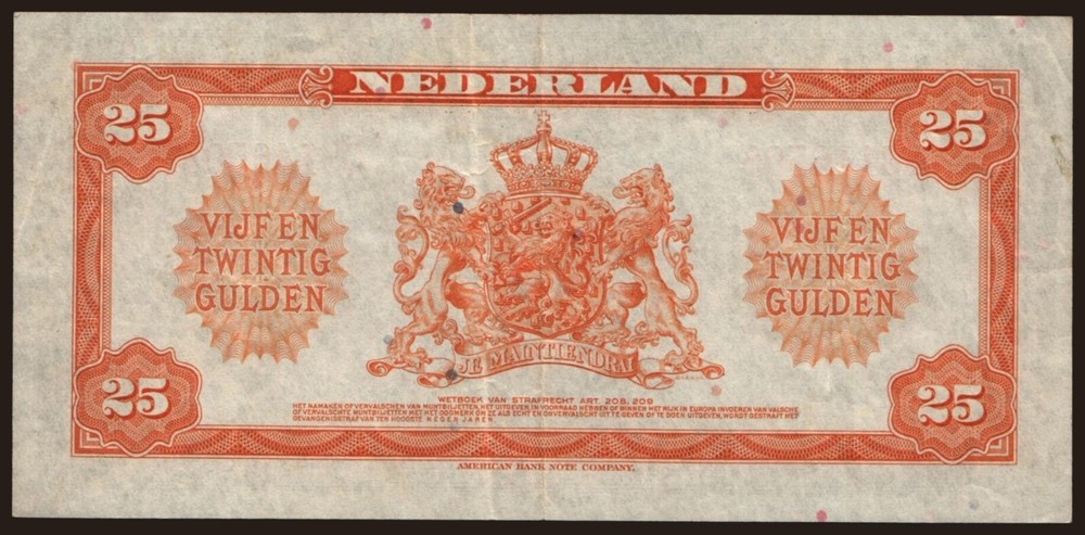 Netherlands - 1943 - 25 Gulden - "F+" #CO6822