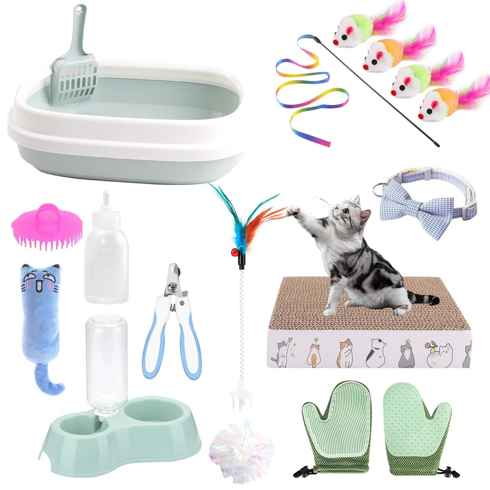 Kitten Starter Kit - 16 Pcs Cat Essentials Set Includes Litter Box, Toys, Col...