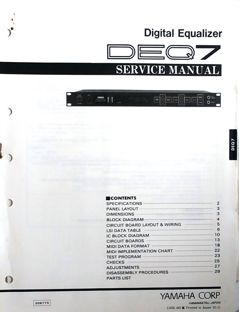 Yamaha DEQ7 Digital Equalizer Rack Mount Original Service Manual Schematics Book
