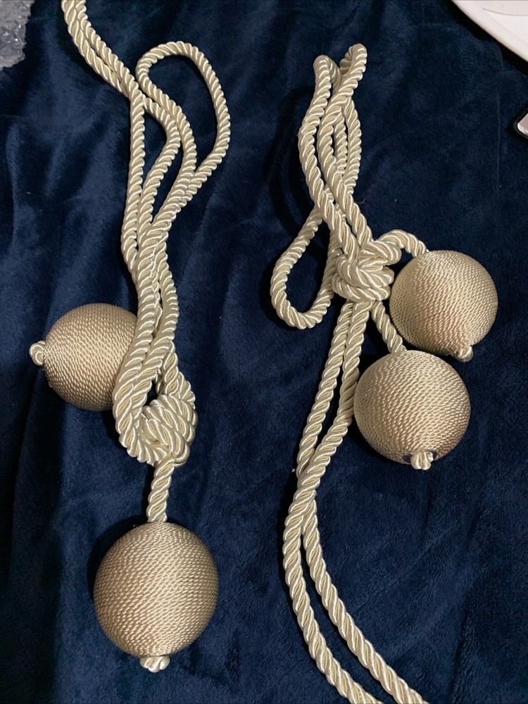 Drapery Tie Backs Pair  twisted cord With Large Beige   Balls