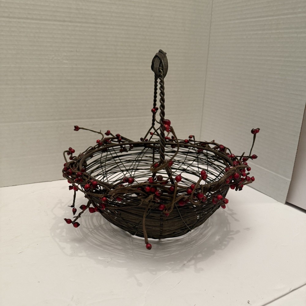 Woven Wire Basket With Faux Red Berries