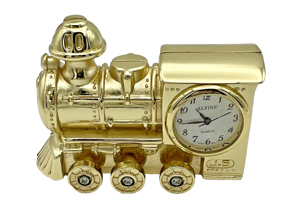 Alpine Cast Goldtone Train Engine Desk Clock - Works!