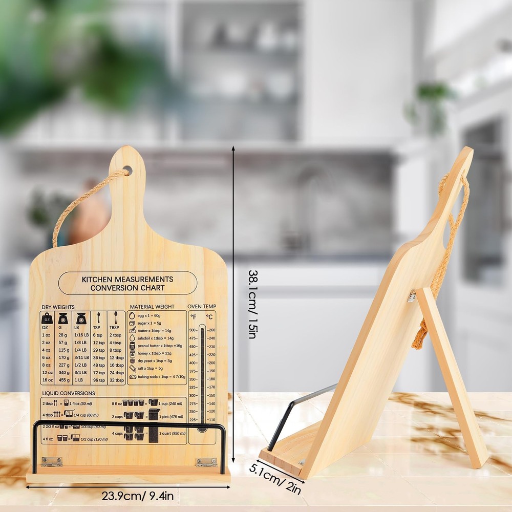 Wood Cookbook Stand Foldable Recipe Holder With Measurement Conversion Chart