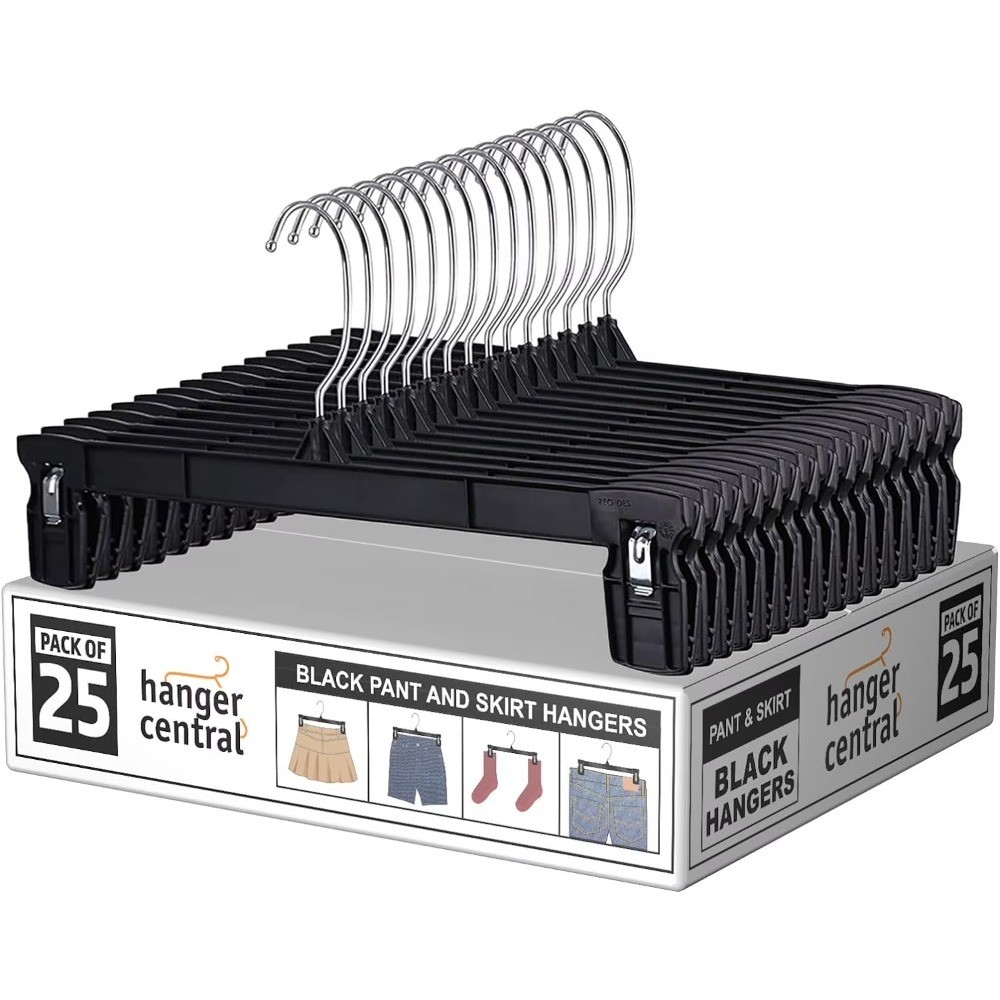 Plastic Pants Hangers 12 Inch Black with Extra Long Clips 25 Pack