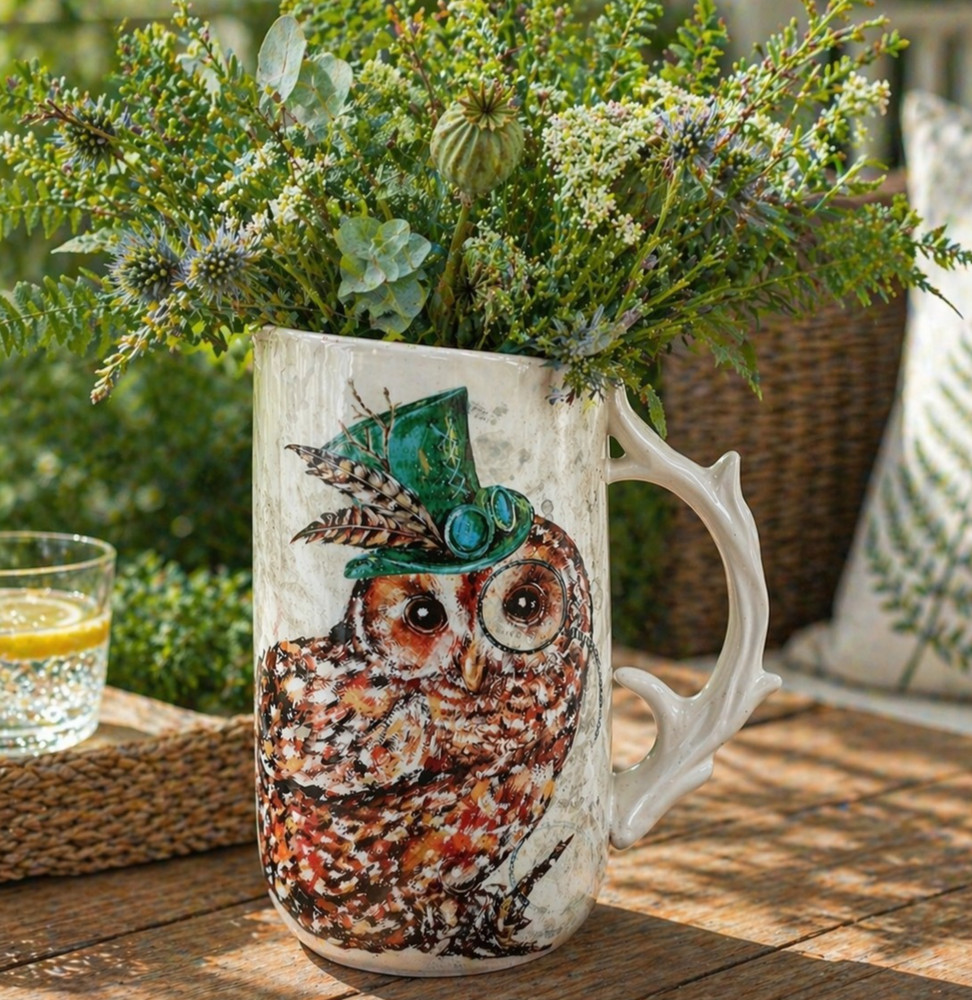 Pier 1 Steampunk Owl  Ironstone Pitcher Tree Branch Handle