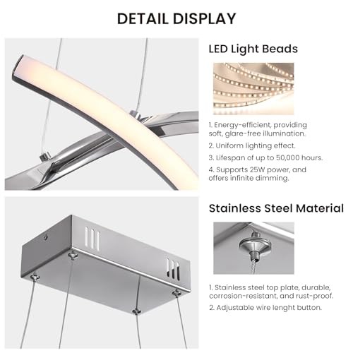 Modern LED Chandelier Dimmable Hanging Ceiling Light Pendant Light Silver