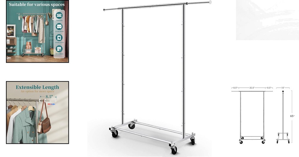 Lightweight 65'' Chrome Rolling Clothes Organizer with Stoppers - Easy Transport