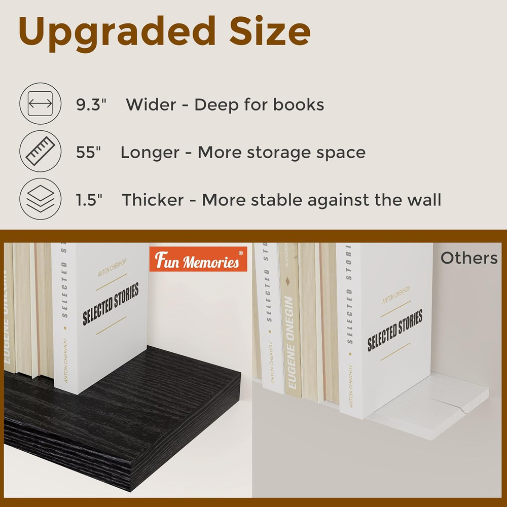 Rustic Black 55" Floating Shelf - 9.3" Deep Wall Mounted Storage Solution