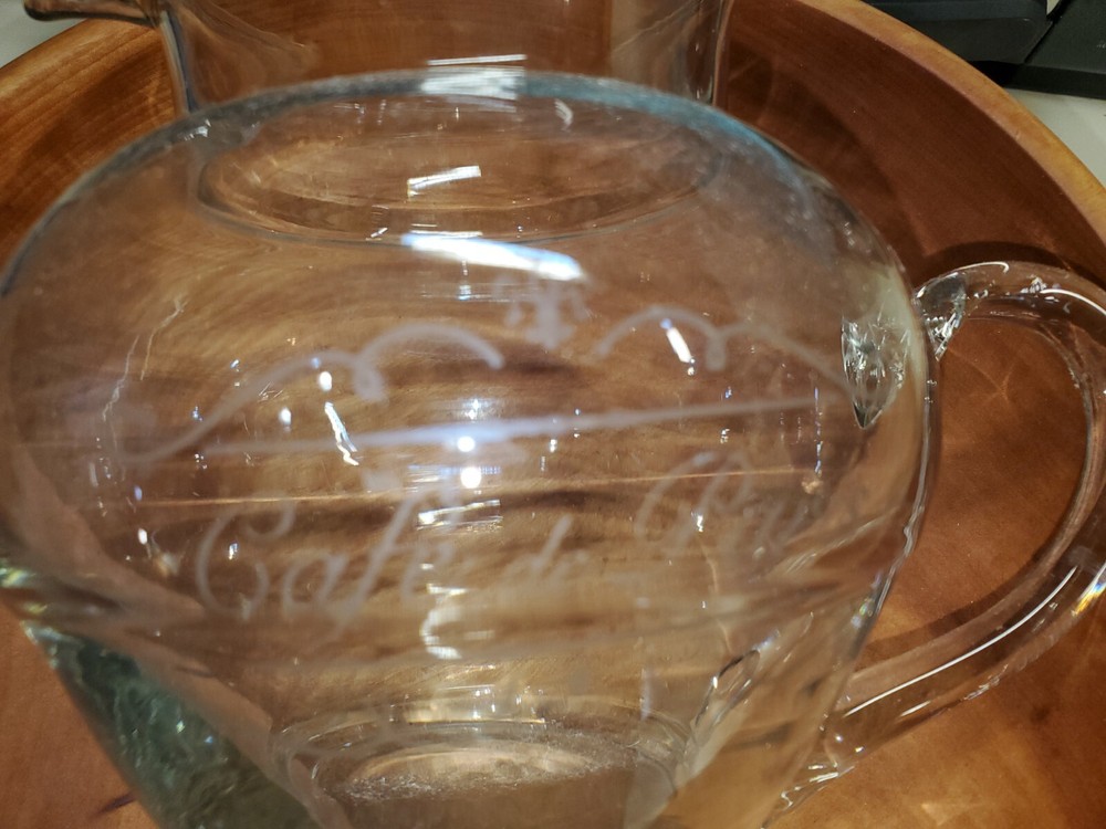 Glass Small Pitcher. Etched 'Cafe Du Paris' On Front