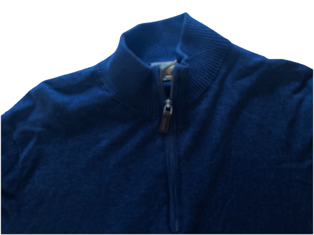 FRE VERO Size Large Quarter Zip Navy Blue Pullover Wool Blend Elbow Patch