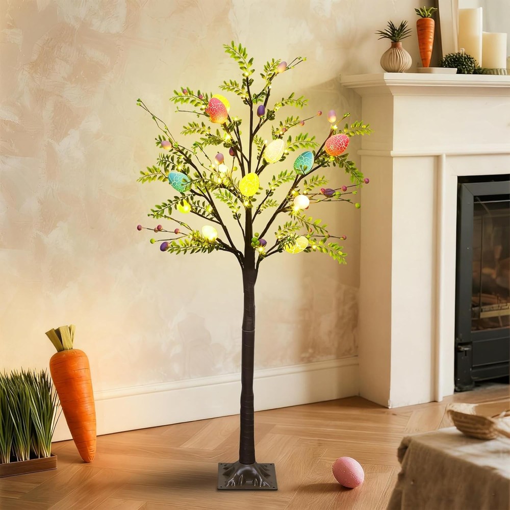 4FT Lighted Easter Tree with Timer, Pre-Lit Artificial Egg Trees with Co