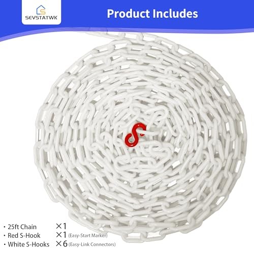 White Plastic Chain 25ft, 1.42" Link, High Visibility Plastic Chain Barrier
