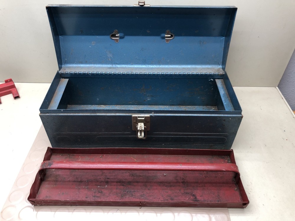 Vintage Blue Metal Toolbox With Red Tray Insert