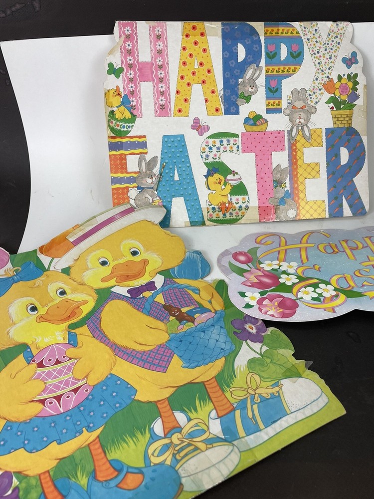 3 Vintage Easter/Spring Wall hanging - Die Cut -Cutouts -  Bunny Kitten