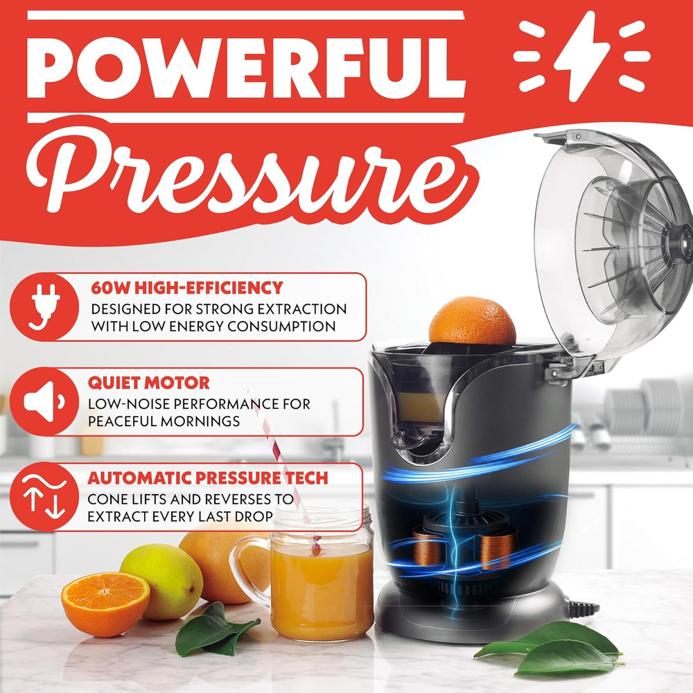 Automatic Citrus Juicer - 17 Oz Capacity, One-Touch Operation, Universal Cone, A