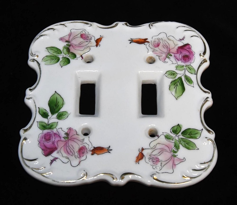 FLOWERED CERAMIC DOUBLE LIGHT SWITCH PLATE COVER