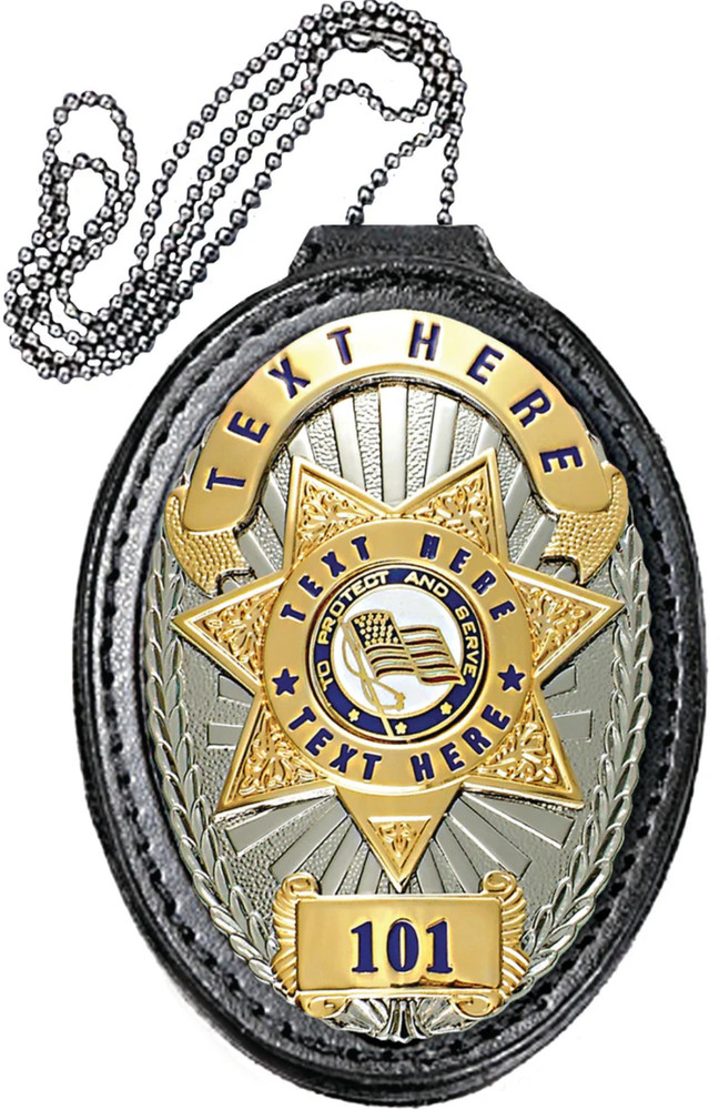 Oval Leather Badge Holder with Chain and Clip