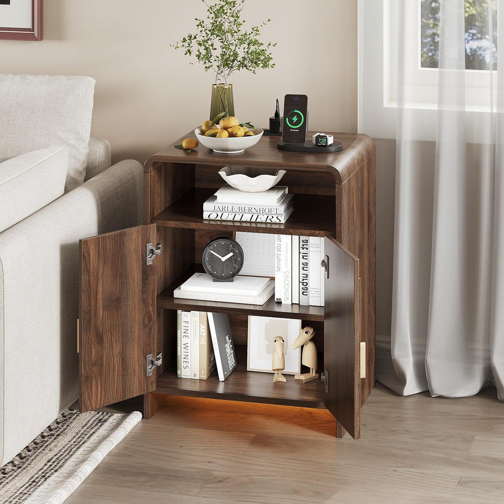 Stylish Walnut Nightstand with Charging Station & LED Lights, Adjustable Storage