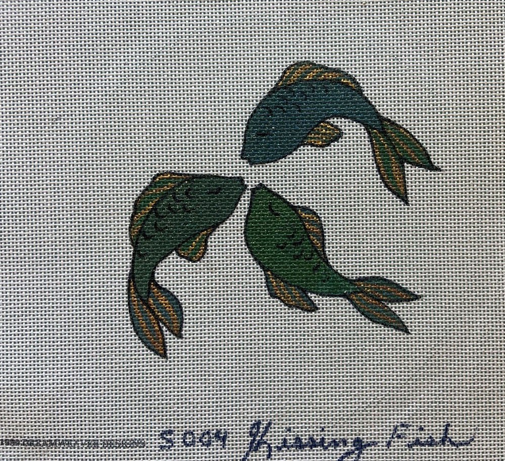 Kissing Fish, hand painted, needlepoint canvas, NEW, 18 Count
