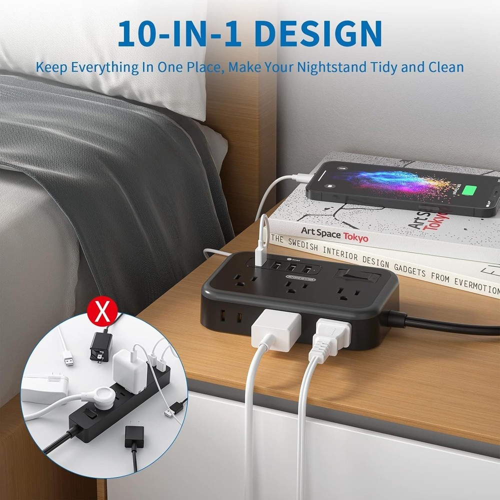Black Power Strip 10 Outlets 6 AC 4 USB Smart Charging 5ft Flat Plug