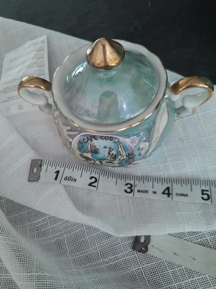 Beautiful Small Cape Cod Souveneir Sugar Bowl With Lid Luster With Gold Trim
