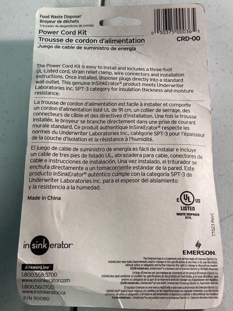 InSinkErator Power Cord Accessory Kit for InSinkErator Garbage Disposals-CRD-00