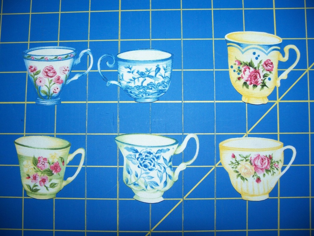 6 Fabric Iron On Appliques - 2 inch teacups