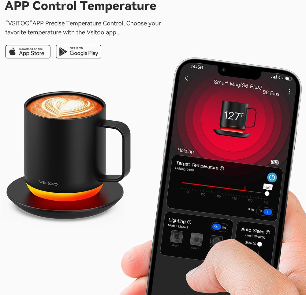 S6 Plus Self-Heating Smart Mug with App Control & RGB Lights - Black
