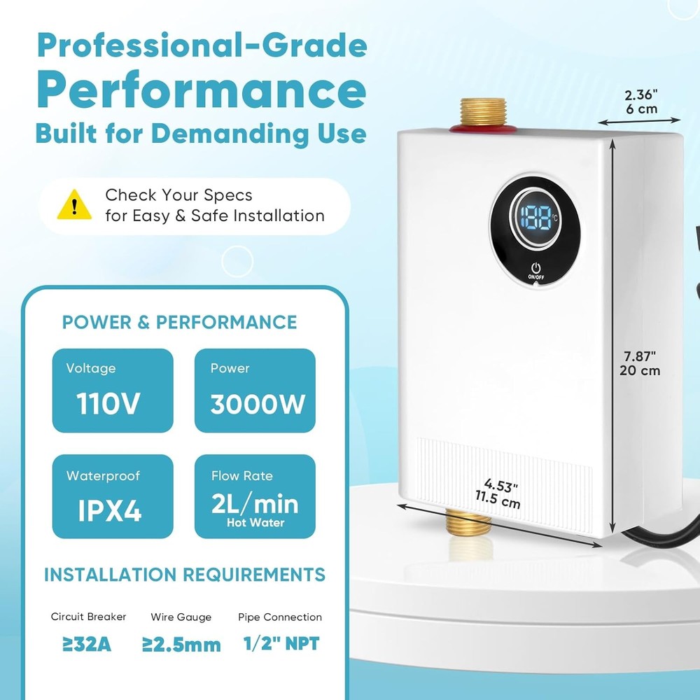 110V Tankless Electric Water Heater, 3000W Compact Under-Sink Heater, Adjustable
