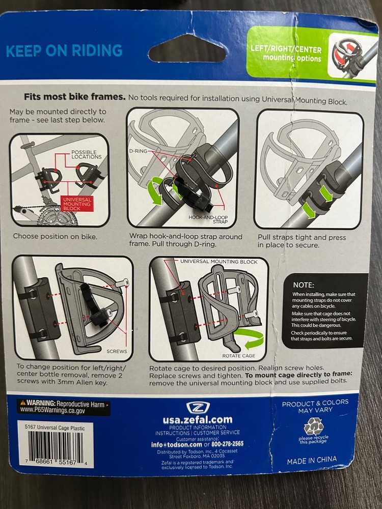 Zefal Universal Mount Bottle Cage w/Hook & Loop Strap