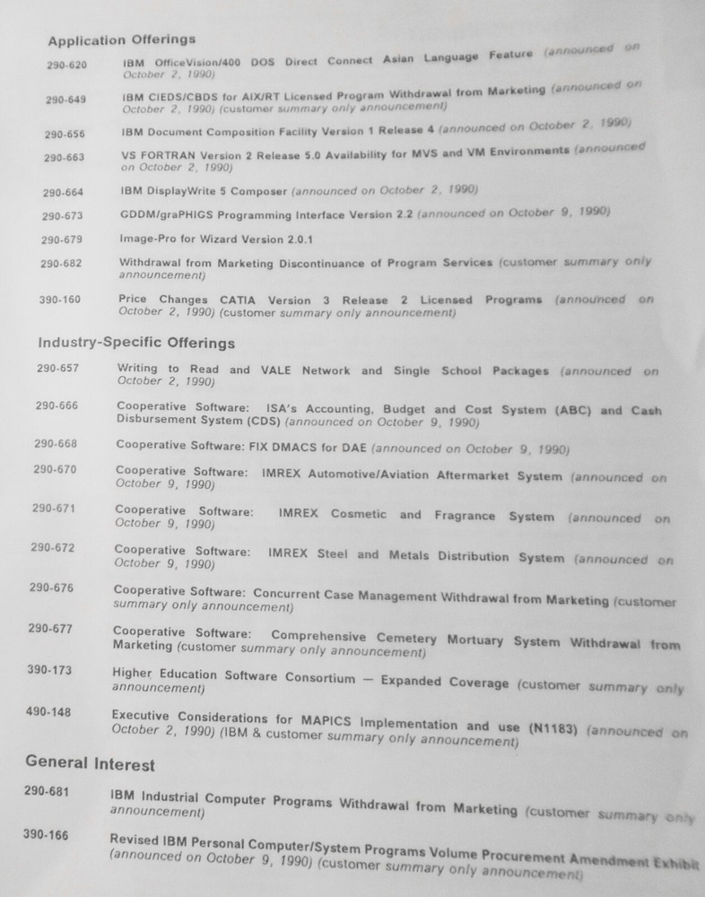 IBM Announcement Letter Summary, 10/23/1990 : System/370, Cooperative Processing