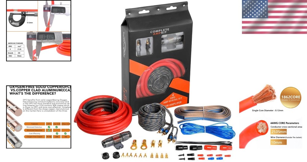 Professional 4 Gauge Amplifier Installation Kit - RCA, Battery & Speaker Cables