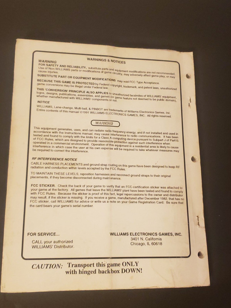 Original 1991 THE MACHINE WILLIAMS Arcade Game Operations Manual & Schematics