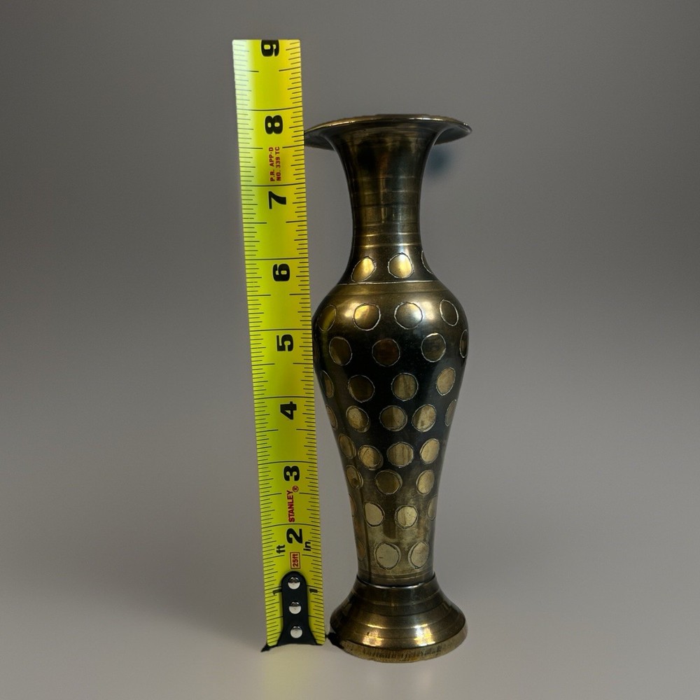 Vintage Solid Brass Vase with Polka Dot Inlay Pattern – 7.5” Tall