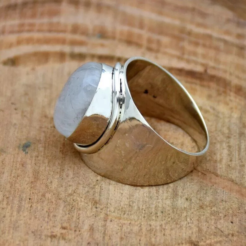 Natural Moonstone Solid 925 Sterling Silver Band & Statement Ring All Size D-161