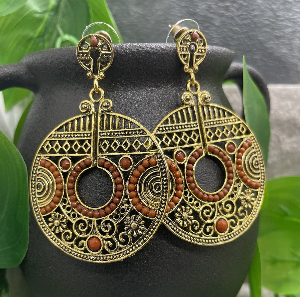 3” Gold-tone Earring Set Boho Bead Retro Drop Dangle New Free Ship B1217