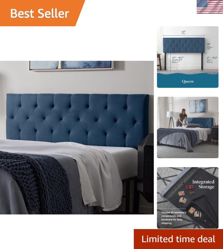 Luxurious Cobalt Upholstered Headboard with Diamond Tufting & Adjustable Height