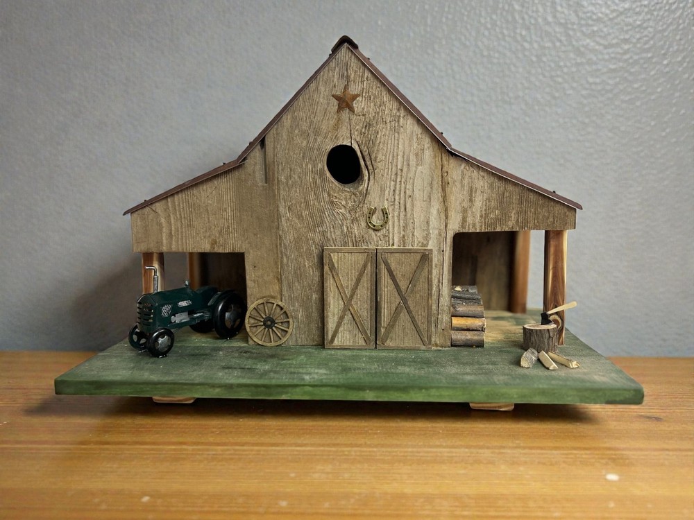 Handcrafted Rustic Barn Birdhouse with Tractor