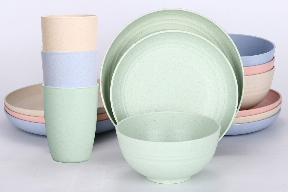 LuckyZone Wheat Straw Dinnerware Sets for 4 (Reusable Plates, Bowls & Cups) - Li