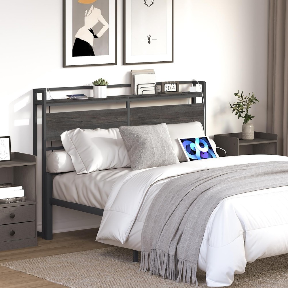 Queen Size Headboard with USB Ports, Adjustable Height & Storage Rack - Charcoal