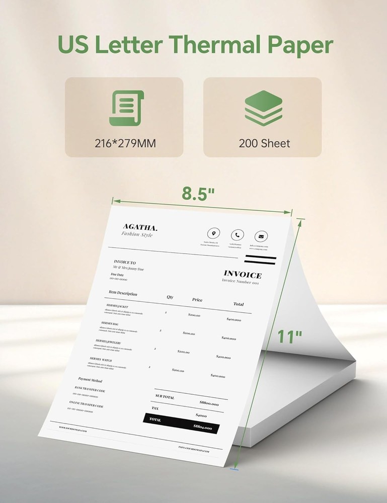 200 Sheets Thermal Printer Paper 8.5x11 US 8.5"X11", 200 Continuous